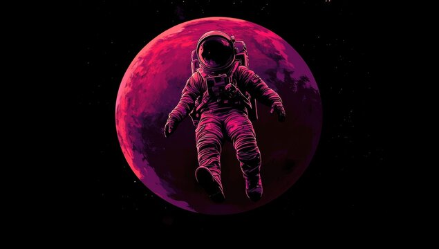 An astronaut floating in front of the planet Mars, with dark purple and red tones, high contrast, and a black background - Powered by Adobe