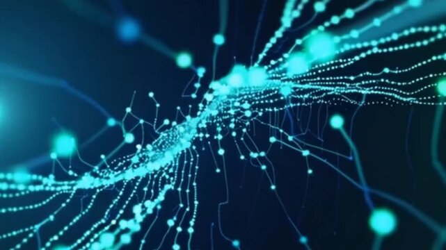 Abstract digital information green tech wave with luminous particles and flowing lines on a dark backdrop