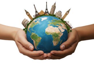 Hands holding the earth with famous landmarks and greenery isolated on transparent background
