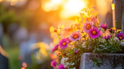 A serene memorial garden presents a beautiful scene of fresh spring flowers resting on an ancient stone grave marker in soft morning light with a peaceful cemetery background
