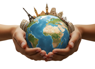 Hands holding the earth with famous landmarks isolated on transparent background