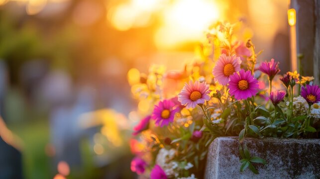 A serene memorial garden presents a beautiful scene of fresh spring flowers resting on an ancient stone grave marker in soft morning light with a peaceful cemetery background