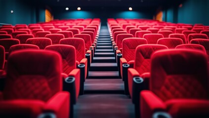 Obraz premium Empty Red Theater Seats Awaiting the Start of a Cinematic Experience in a Modern Cinema Hall.