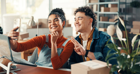 Happy, team and people in small business, selfie and photography for social media marketing and web. Woman, smile and man with peace sign for picture, logistics or brand identity for online shop