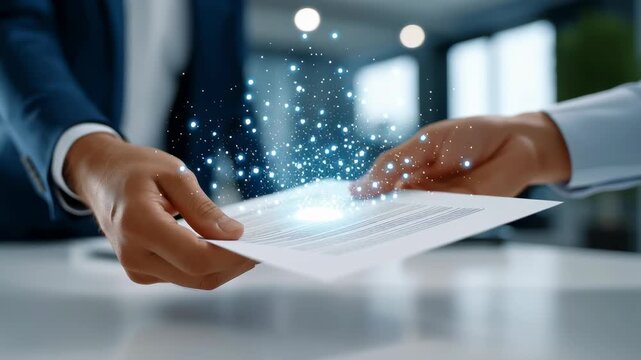 Hands exchanging a paper report indicating teamwork and collaboration in a modern office space. Bright and spacious environment with professional atmosphere. Concept of corporate, business, teamwork