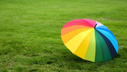 "Rainbow Umbrella on Green Grass Copy Space"