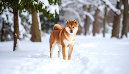 Shiba inu dog in snowy forest