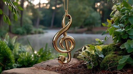 Obraz premium Golden treble clef pendant on natural background