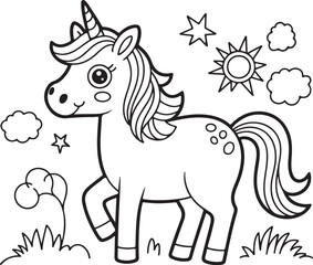 Cute Cartoon Unicorn with Colorful Rainbow, Fun Line Drawing for Children