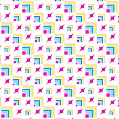 A lively and playful seamless pattern featuring a whimsical mix of bold geometric shapes and vibrant starbursts.