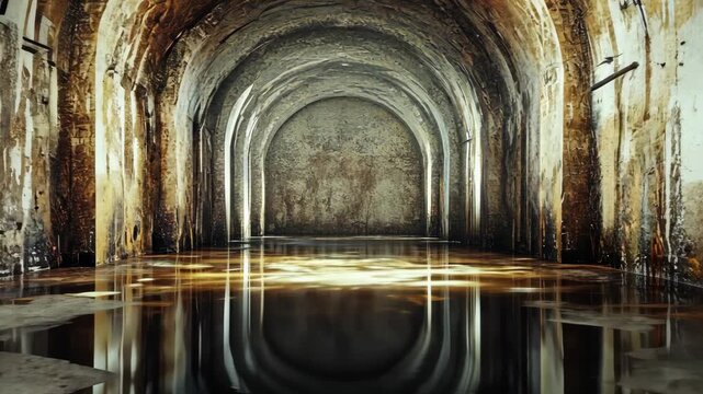 Mysterious ancient stone tunnel with arched vaults and water reflections.
