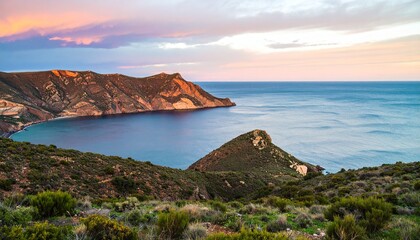Fototapeta premium Stunning Sunset Over Coastal Landscape, Nature Beauty at Seaside, Vibrant Viewpoint