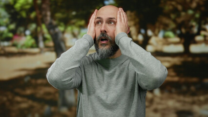 Obraz premium Man standing in a park with a surprised expression, wearing a grey sweater, under the shadows of trees in an outdoor setting, showcasing an intriguing moment.