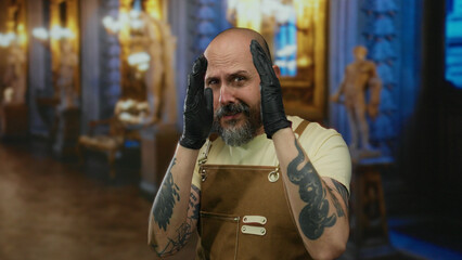 Bald man with gloves and tattoos stands indoors in a museum setting, conveying a moment of stress or contemplation amidst classical decor.
