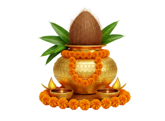 Kalash with coconut and mango leaves decorated with marigold flowers and diyas isolated on transparent background
