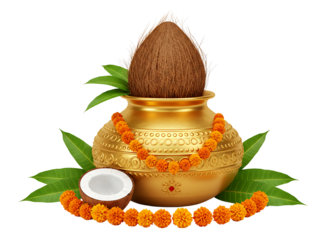 Golden kalash with coconut and marigold flowers isolated on transparent background