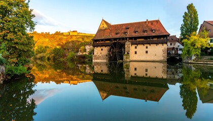 Fototapeta premium Autumnal mill reflection on calm water