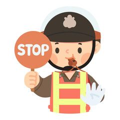 Cartoon Illustration of Traffic Controller Holding Stop Sign