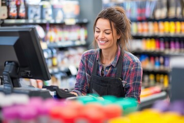 A retail cashier scanning items with a smile. Shelves of colorful products surround them. The mood feels approachable and helpful, Generative AI