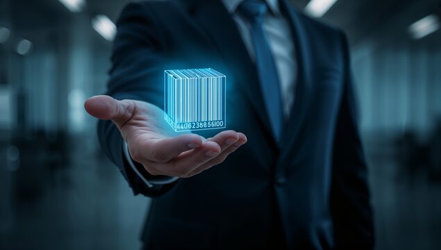 Glowing digital barcode symbol presented by a business professional