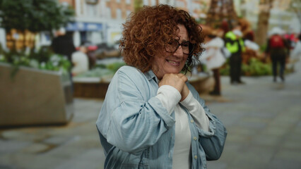 Fototapeta premium Woman with curly hair appearing worried on a bustling city street with people and greenery, middle-aged and brunette in urban outdoor setting with a concerned expression.