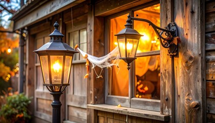Illuminated Lanterns Decorating Wooden Cabin for Autumn Festivities