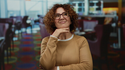 Woman smiling in restaurant setting with bright decor while posing thoughtfully in glasses and sweater, capturing a moment of serene confidence inside a bustling dining area.