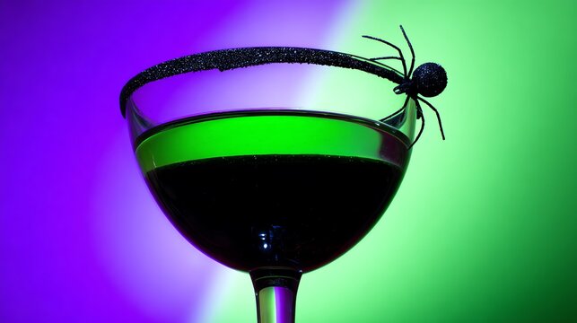 Spooky Halloween Cocktail with Glitter and Toy Spider Decoration