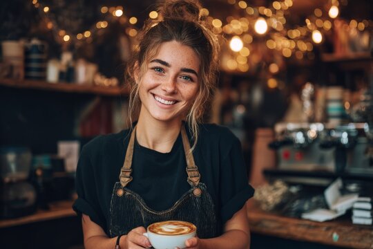A smiling barista serving a latte with foam art in a cozy café. Warm light reflects off the coffee cups. The mood feels welcoming and cheerful, Generative AI