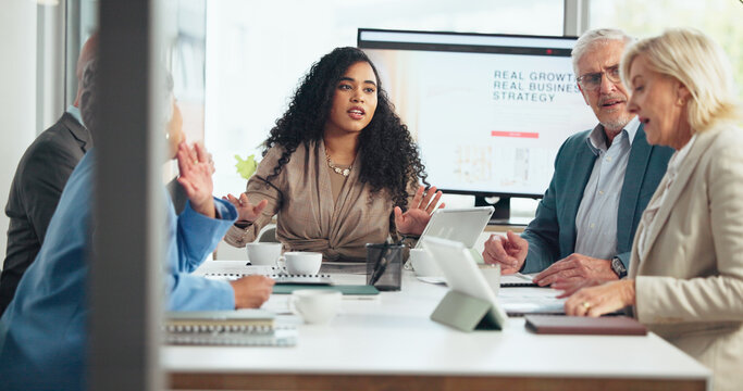 Disagreement, documents and meeting with business people in office boardroom for growth or strategy. Conversation, discussion and paperwork with employee team in workplace for conflict resolution