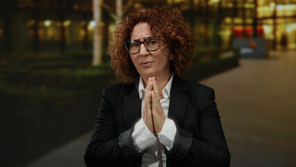 Woman with curly hair and glasses gestures outdoors on city street at night, expressing hope and...
