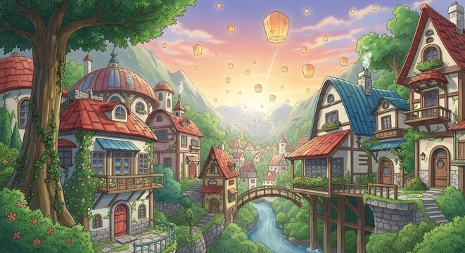 Whimsical Fantasy Village with Colorful Houses and Floating Lanterns at Sunset