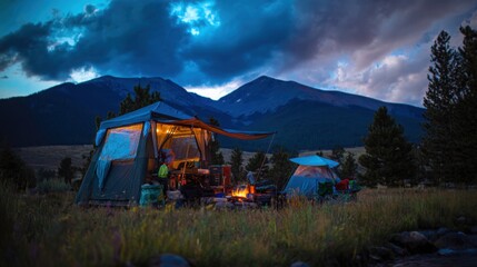 Wilderness campsite at dusk with a glowing fire under a starry night sky, evoking outdoor adventure.
