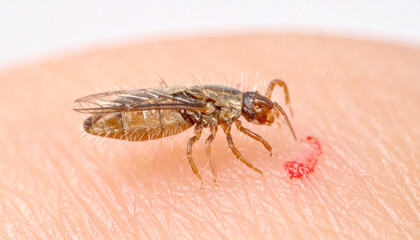 Fototapeta premium Tiny Brown Insect Biting Human Skin, Close-Up View