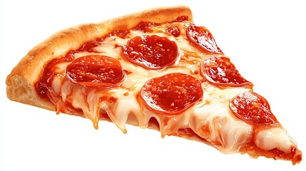Pizza slice with pepperoni and cheese dripping on white background