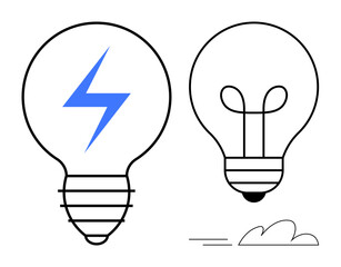 Two light bulbs, one with a blue lightning bolt and one plain, emphasize energy, innovation, and creativity. Ideal for concepts thumbs up motivation, electricity, power, transformation minimalism