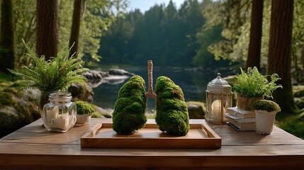 Moss lungs on wooden table in forest