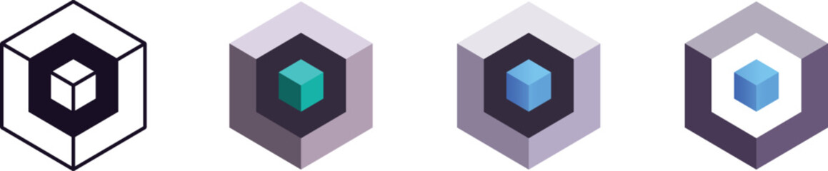 Isometric Blockchain Logo Icon Set. Vector Cubes for Crypto, Cloud, Infrastructure, Block Chain, Digital Asset, Technology, Network, Web3, Fintech, Data Storage, Security, AI, Innovation, Bran