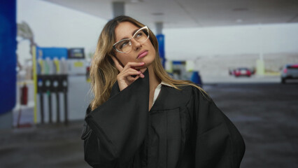 Woman judge in judicial robe slightly touches cheek with finger at gas station forecourt  toothache doubt. © Krakenimages.com