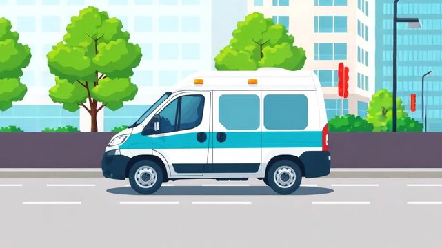 Ambulance driving on highway in city street, cartoon vector style. Emergency medical assistance concept
