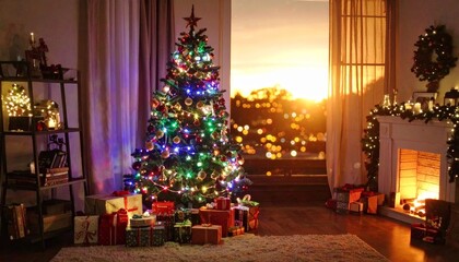 A festive Christmas tree decorated with ornaments and lights stands in a cozy room with presents and gifts by the fireplace
