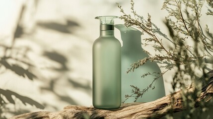 Minimalistic product shot of a transparent, greenish glass water bottle with a sleek modern design, featuring a unique cap and handle. 