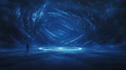 mysterious and elegant scene in deep dark blue tones, symbolizing the merging of imagination, consciousness, and spiritual awakening.
