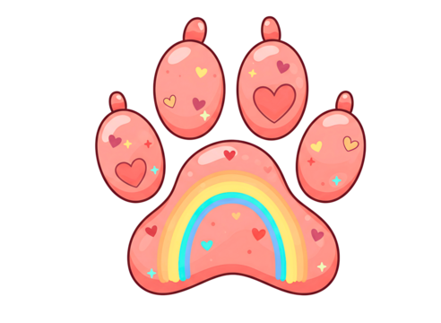 Adorable pink paw print with rainbow and hearts adorned with sparkles for pet lovers and cute animal themes transparent background