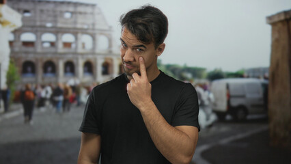 Young hispanic man gesturing to watch at the historic roman coliseum with bustling street scene in...