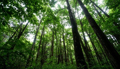 Obraz premium Lush forest canopy. Sunlight filters through dense foliage