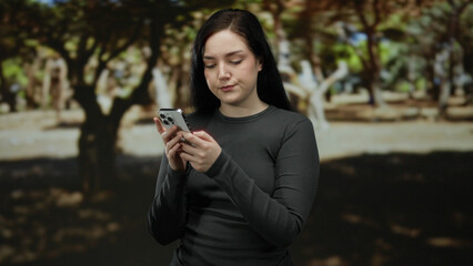 Woman using smartphone in a sunny park surrounded by lush greenery, focusing intently on her device amidst the peaceful outdoor setting with trees around.