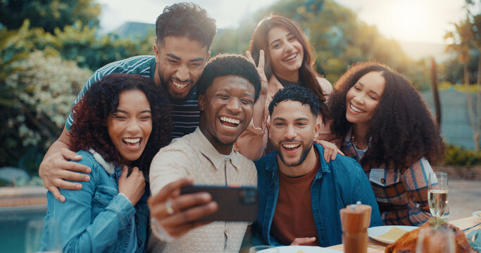 Group, selfie and friends at barbecue with event, smile and party with post on web in backyard. Girls, men and celebration with vacation, holiday or excited for social gathering with BBQ in garden - Powered by Adobe