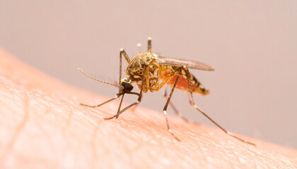 Fototapeta premium Close-up of a mosquito feeding on human skin A detailed look
