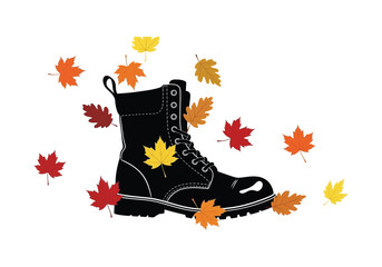 Autumn boot surrounded by falling leaves isolated on white background, evoking a sense of seasonal change and outdoor adventures